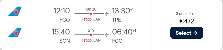 Click here to book this cheap flight deal. Open-jaw flights from Rome, Italy to Taipei, Taiwan returning from Ho Chi Minh City, Vietnam for only €472 roundtrip. Flight deal ticket image.