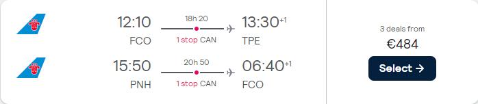 Open-jaw flights from Rome, Italy to Taipei, Taiwan returning from Phnom Penh, Cambodia for only €484 roundtrip. Flight deal ticket image.