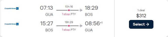 Cheap flights from Guatemala City, Guatemala to Boston, USA for only $312 USD roundtrip with Copa Airlines. Flight deal ticket image.