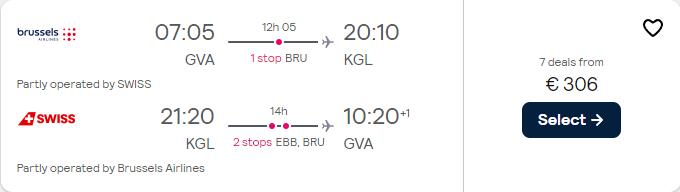 Cheap flights from Geneva, Switzerland to Kigali, Rwanda for only €306 roundtrip with Swiss International Air Lines and Brussels Airlines. Flight deal ticket image.