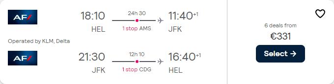 Cheap flights from Helsinki, Finland to New York, USA for only €331 roundtrip with KLM, Delta Air Lines and Air France. Flight deal ticket image.
