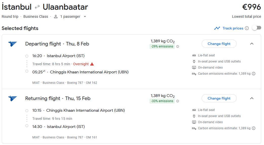 Business Class flights from Istanbul, Turkey to Ulaanbaatar, Mongolia for only €996 roundtrip. Flight deal ticket image.