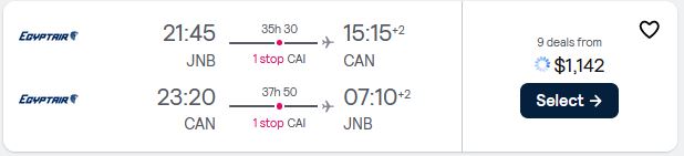 Business Class flights from Johannesburg, South Africa to Guangzhou, China for only $1142 USD roundtrip. Flight deal ticket image.