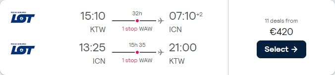 Cheap flights from Katowice, Poland to Seoul, South Korea for only €420 roundtrip with LOT Polish Airlines. Flight deal ticket image.