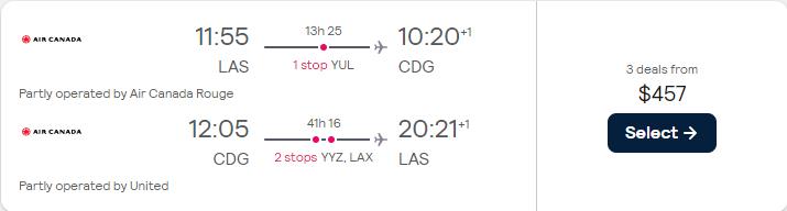 Click here to book this cheap flight deal. Cheap flights from Las Vegas or San Diego to Paris, France from only $457 roundtrip with Air Canada and United Airlines. Flight deal ticket image.
