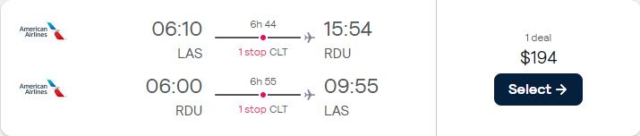 Cheap flights from Las Vegas to Raleigh, North Carolina for only $194 roundtrip with American Airlines. Also works in reverse. Flight deal ticket image.