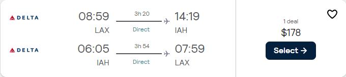 Non-stop flights from Los Angeles to Houston, Texas for only $178 roundtrip with Delta Air Lines. Also works in reverse. Flight deal ticket image.