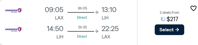 Non-stop flights from Los Angeles to Lihue, Hawaii for only $217 roundtrip with Hawaiian Airlines. Also works in reverse. Flight deal ticket image.