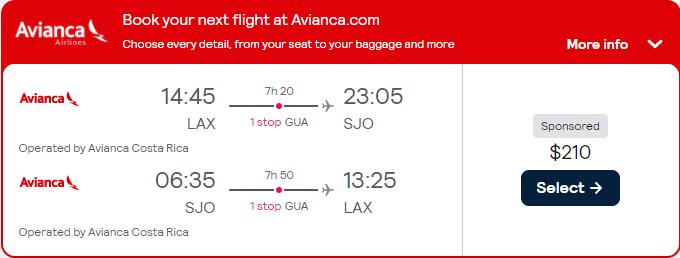 Cheap flights from Los Angeles to Central or South America from only $210 roundtrip with Avianca. Flight deal ticket image.