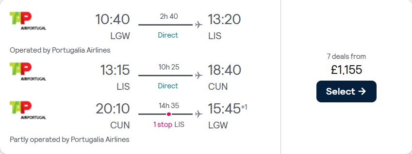 Click here to book this cheap flight deal. 2 in 1 trip...Business Class flights from London, UK to Lisbon, Portugal and Cancun, Mexico for only £1155 roundtrip with TAP Air Portugal. Flight deal ticket image.