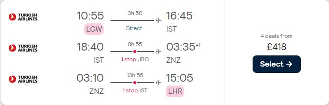 Click here to book this cheap flight deal. 2 in 1 trip...Cheap flights from London, UK to Istanbul, Turkey and Zanzibar, Tanzania for only £418 roundtrip with Turkish Airlines. Flight deal ticket image.