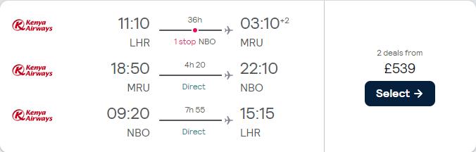 Click here to book this cheap flight deal. 2 in 1 trip...Cheap flights from London, UK to Port Louis, Mauritius and Nairobi, Kenya for only £539 roundtrip. Flight deal ticket image.