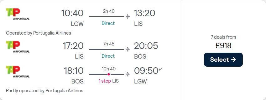 Click here to book this cheap flight deal. 2 in 1 trip...Business Class flights from London, UK to Lisbon, Portugal and Boston, USA for only £918 roundtrip with TAP Air Portugal. Flight deal ticket image.