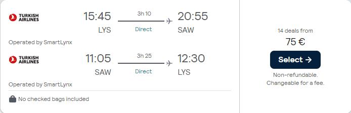 Non-stop flights from Lyon, France to Istanbul, Turkey for only €75 roundtrip. Flight deal ticket image.