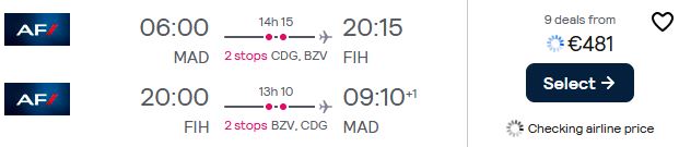 Cheap flights from Madrid, Spain to Kinshasa, Democratic Republic of Congo for only €481 roundtrip with Air France. Flight deal ticket image.