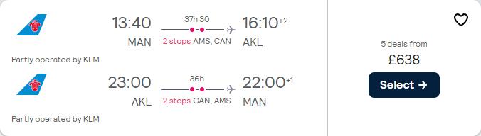 Cheap flights from Manchester, UK to Auckland, New Zealand for only £638 roundtrip with KLM. Flight deal ticket image.