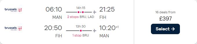 Cheap flights from Manchester, UK to Kinshasa, Democratic Republic of Congo for only £397 roundtrip with Brussels Airlines. Flight deal ticket image.