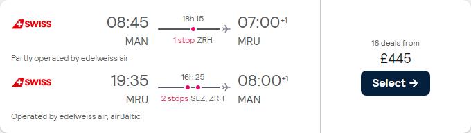 Cheap flights from Manchester, UK to Mauritius for only £445 roundtrip with Swiss International Air Lines. Flight deal ticket image.