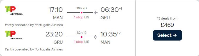 Cheap flights from Manchester, UK to Sao Paulo, Brazil for only £469 roundtrip with TAP Air Portugal. Flight deal ticket image.