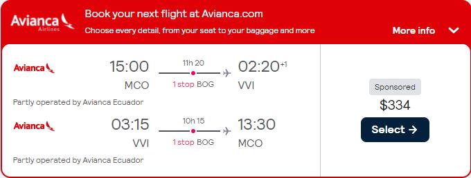 Summer flights from Orlando, Florida to Santa Cruz, Bolivia for only $334 roundtrip with Avianca. Flight deal ticket image.