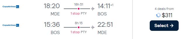 Cheap flights from Medellin, Colombia to Boston, USA for only $311 USD roundtrip with Copa Airlines. Flight deal ticket image.