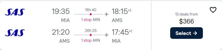 Cheap flights from Miami to Amsterdam, Netherlands for only $366 roundtrip with Scandinavian Airlines. Flight deal ticket image.