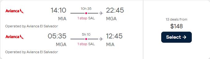 Cheap flights from Miami to Managua, Nicaragua for only $148 roundtrip. Flight deal ticket image.
