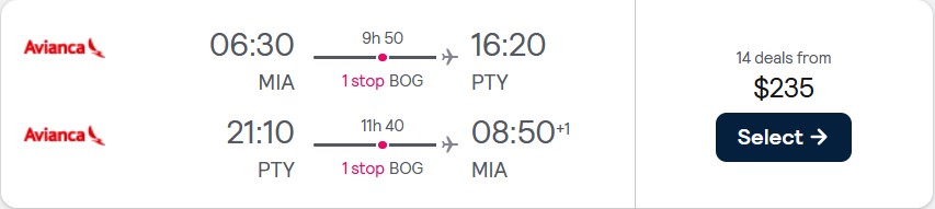 Click here to book this cheap flight deal. Cheap flights from Miami or Washington DC to Panama City, Panama from only $235 roundtrip with Avianca. Flight deal ticket image.