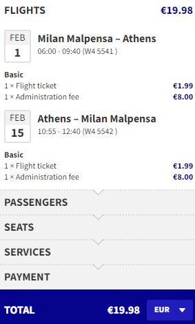Non-stop flights from Milan, Italy to Athens, Greece for only €19 roundtrip. Flight deal ticket image.