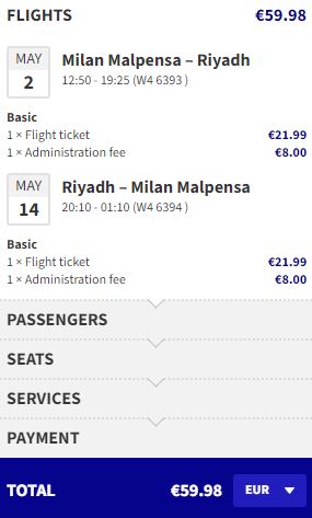 Non-stop flights from Milan, Italy to Riyadh, Saudi Arabia for only €59 roundtrip. Flight deal ticket image.