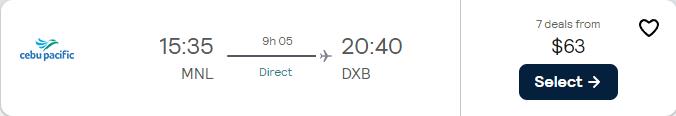 Non-stop flights from Manila, Philippines to Dubai, UAE for only $63 USD one-way. Flight deal ticket image.