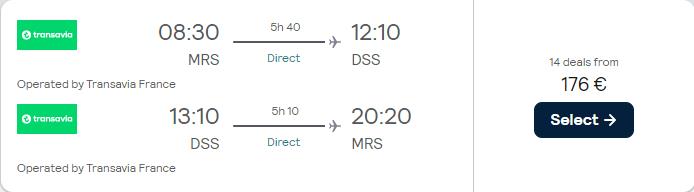 Non-stop flights from Marseille or Lyon, France to Dakar, Senegal from only €176 roundtrip. Flight deal ticket image.