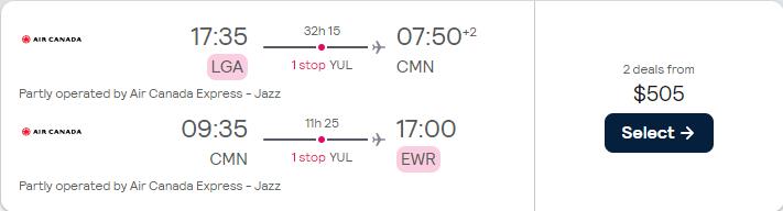 Cheap flights from New York or Philadelphia to Casablanca, Morocco from only $505 roundtrip with Air Canada. Flight deal ticket image.
