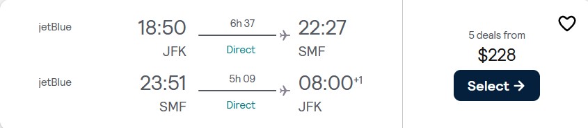 Non-stop flights from New York to Sacramento, California for only $228 roundtrip with JetBlue. Also works in reverse. Flight deal ticket image.