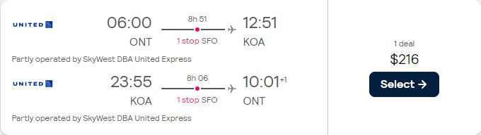 Cheap flights from Ontario, California to Kona, Hawaii for only $216 roundtrip with United Airlines. Also works in reverse. Flight deal ticket image.