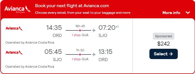 Cheap flights from Chicago to San Jose, Costa Rica for only $242 roundtrip with Avianca. Flight deal ticket image.
