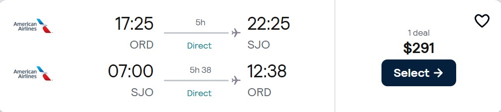 Click here to book this cheap flight deal. Non-stop flights from Chicago to San Jose, Costa Rica for only $291 roundtrip with American Airlines. Flight deal ticket image.