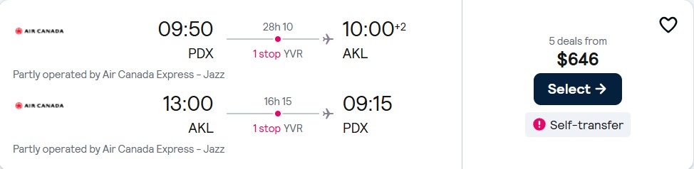 Click here to book this cheap flight deal. Cheap flights from Portland, Oregon to Auckland, New Zealand for only $646 roundtrip with Air Canada. Flight deal ticket image.