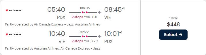 Click here to book this cheap flight deal. Cheap flights from Portland, Oregon to Vienna, Austria for only $448 roundtrip with Air Canada and Austrian Airlines. Flight deal ticket image.