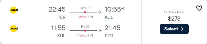 Cheap flights from Australian cities to Kuala Lumpur, Malaysia from only $273 AUD roundtrip. Flight deal ticket image.