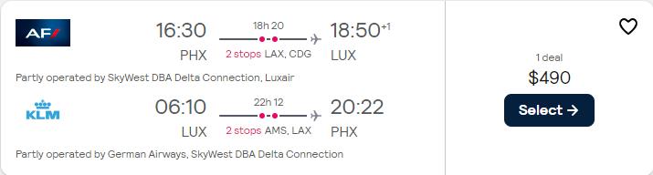 Cheap flights from Phoenix, Arizona to Luxembourg for only $490 roundtrip with Delta Air Lines, Air France and KLM. Flight deal ticket image.