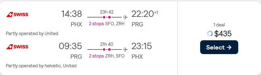 Cheap flights from Phoenix, Arizona to Prague, Czech Republic for only $435 roundtrip with United Airlines and Swiss International Air Lines. Flight deal ticket image.