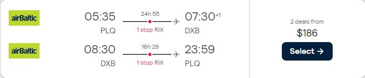 Cheap flights from Palanga, Lithuania to Dubai, UAE for only $186 USD roundtrip. Flight deal ticket image.
