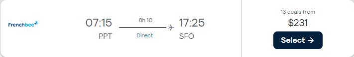 Non-stop flights from Tahiti, French Polynesia to San Francisco, USA for only $231 USD one-way. Flight deal ticket image.