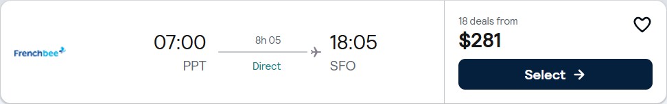 Click here to book this cheap flight deal. Non-stop flights from Tahiti, French Polynesia to San Francisco, USA for only $281 USD one-way. Flight deal ticket image.
