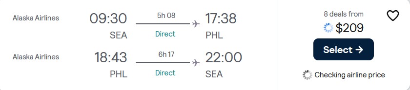 Non-stop flights from Seattle to Philadelphia for only $209 roundtrip with Alaska Airlines. Also works in reverse. Flight deal ticket image.
