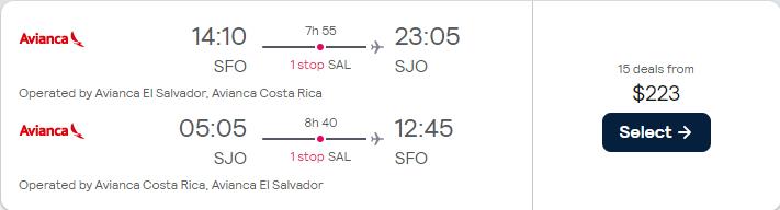 Click here to book this cheap flight deal. Cheap flights from Californian cities to San Jose, Costa Rica from only $223 roundtrip with Avianca. Flight deal ticket image.