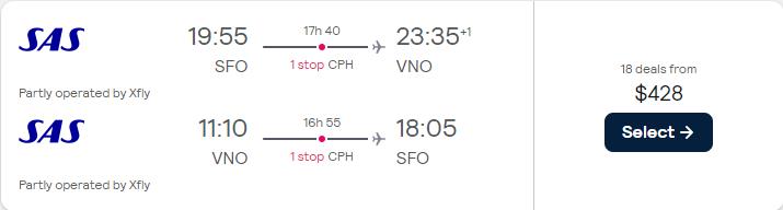 Cheap flights from San Francisco or Los Angeles to Vilnius, Lithuania from only $428 roundtrip with Scandinavian Airlines. Flight deal ticket image.