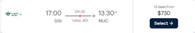 Click here to book this cheap flight deal. Last minute Business Class flights from Singapore to Munich, Germany for only $730 USD one-way. Flight deal ticket image.