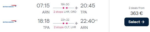 Click here to book this cheap flight deal. Cheap flights from Stockholm, Sweden to Tampa, Florida for only €363 roundtrip with British Airways and American Airlines. Flight deal ticket image.